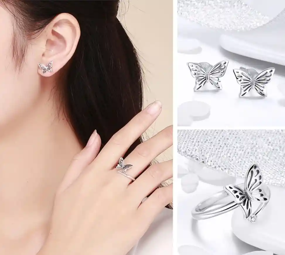 Juego De Anillo Ajustable Y Aretes Mariposa Para Mujer En Plata 925