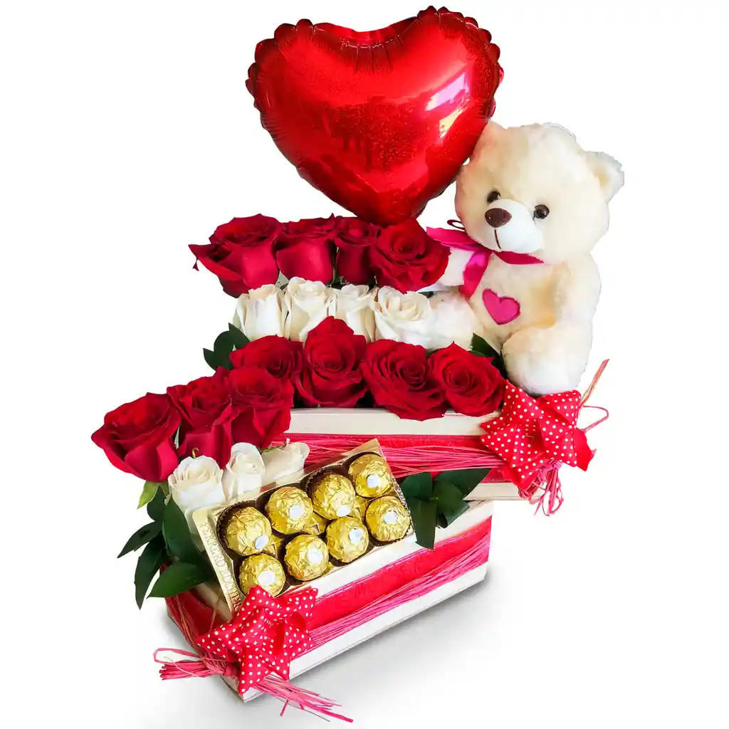 Hermoso Arreglo En Rosas Rojas, Blancas Y Chocolates / Arreglo San Valentín