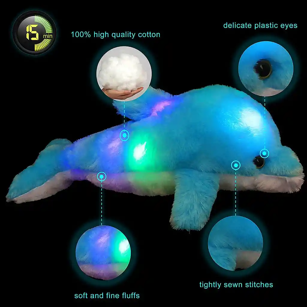 Almohada De Peluche Con Luz Led, Diseño De Delfin Luminoso Azul