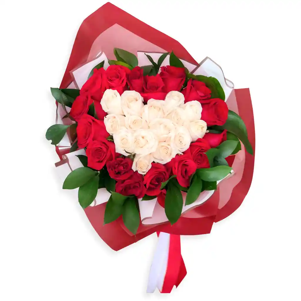 Romantico Ramillete Elaborado En Rosas Rojas Y Blancas / Ramillete San Valentín