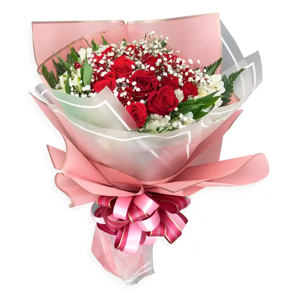Romantico Ramillete Elaborado En Rosas Rojas Y Astromelia / Ramillete San Valentín
