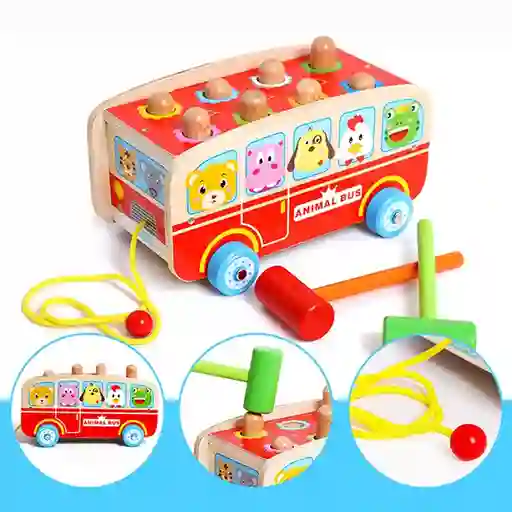 Bus De Madera Para Arrastrar Y Martillar , Juguetes Educativo Para Niños