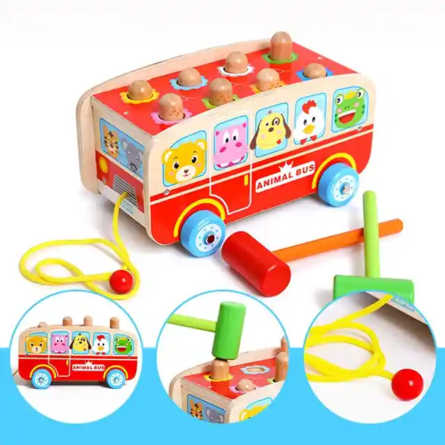 Bus De Madera Para Arrastrar Y Martillar , Juguetes Educativo Para Niños