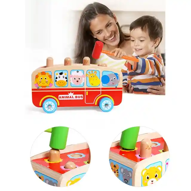 Bus De Madera Para Arrastrar Y Martillar , Juguetes Educativo Para Niños