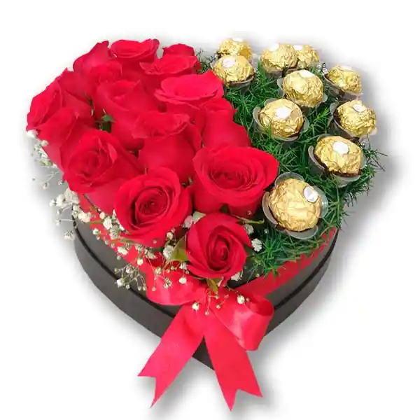 50/50 Caja Corazón Rosas + Chocolates