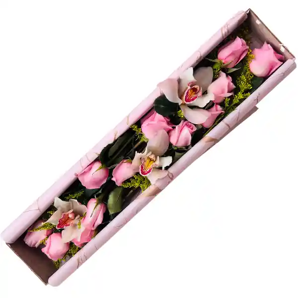 Caja Con Rosas Y Orquidea