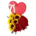 Caja Decorada Corazon En Rosas Rojas Y Girasoles