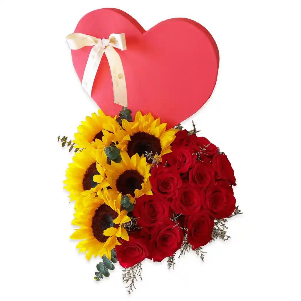 Caja Decorada Corazon En Rosas Rojas Y Girasoles