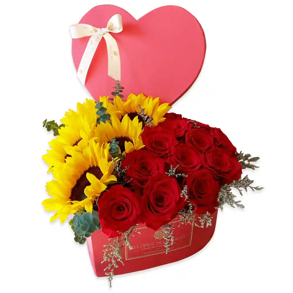 Caja Decorada Corazon En Rosas Rojas Y Girasoles