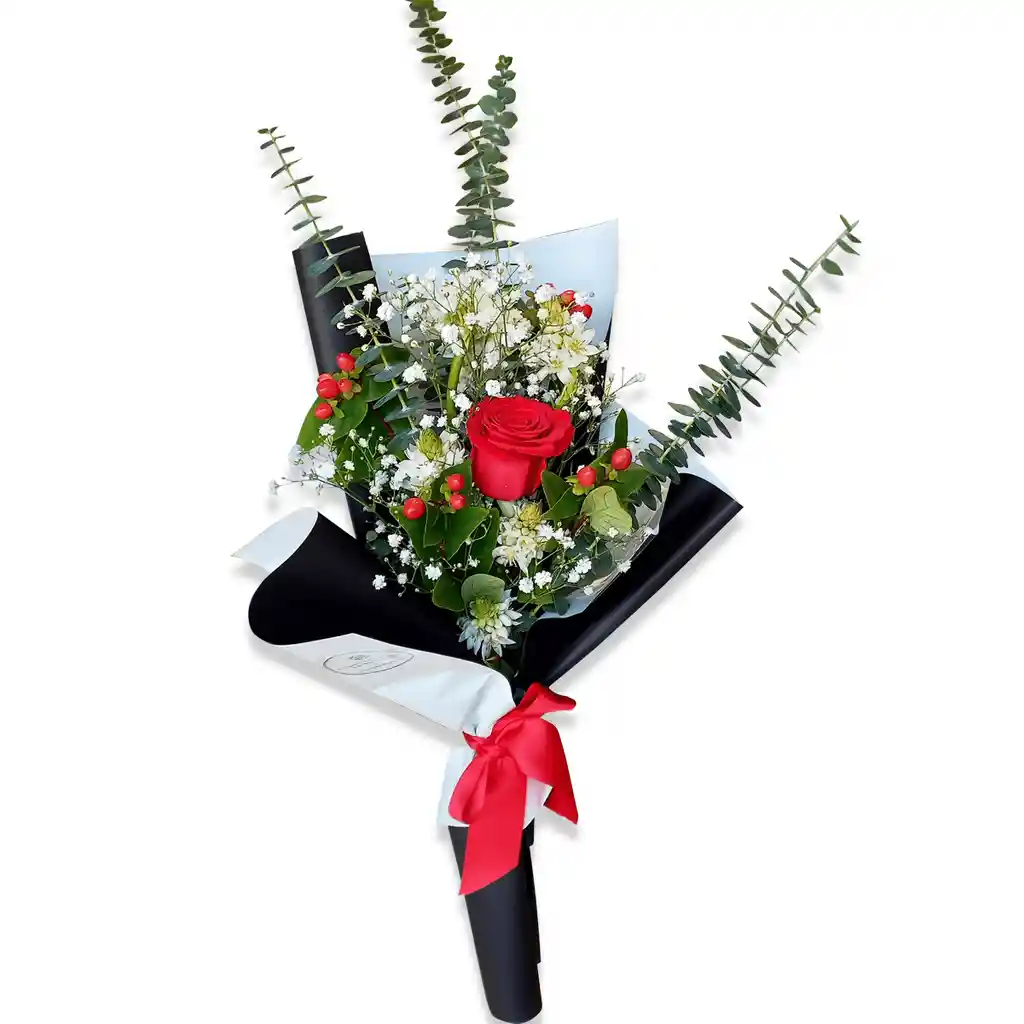 Ramillete Una Rosa, Elaborado Con Eucalipto Y Gypsophyla