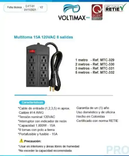 Regulador Multitoma Voltimax 8 Salidas 10a 125v 2 Metros