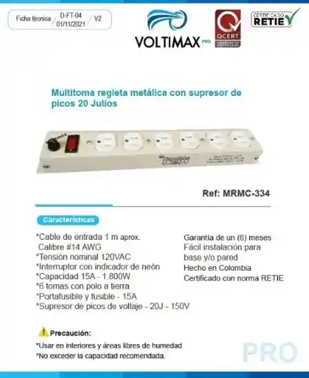 Regleta Metalica Supresor De Picos 6 Salidas 1800w Voltimax