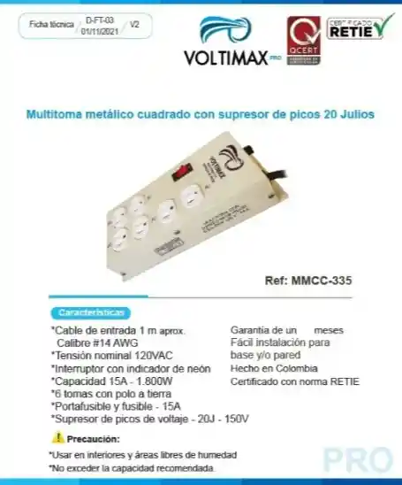 Multitoma Voltimax Metal Supresor Picos 6 Salidas 1800w Gama