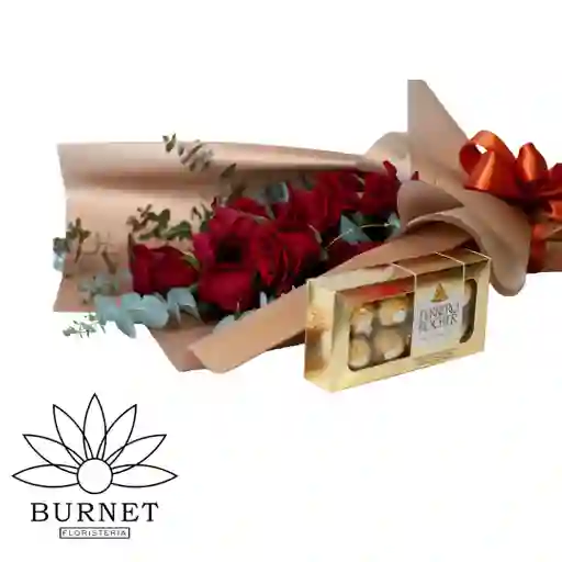 Flores Con Rosas En Bouquet Y Chocolates Ferrero