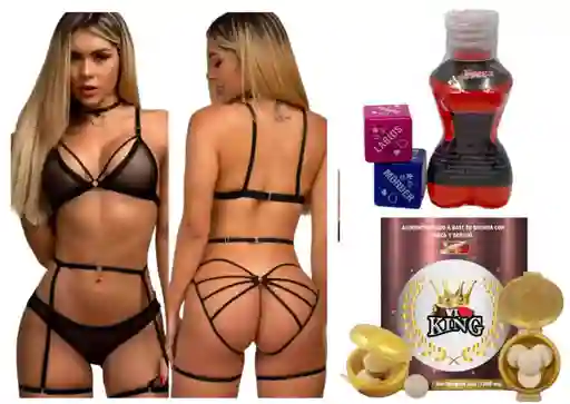 Kit Lenceria Sexy Ropa Interior+aceite Multiorgasmo Doble Sensacion+dados Eroticos *2+potenciador Sexual Unisex Vi King