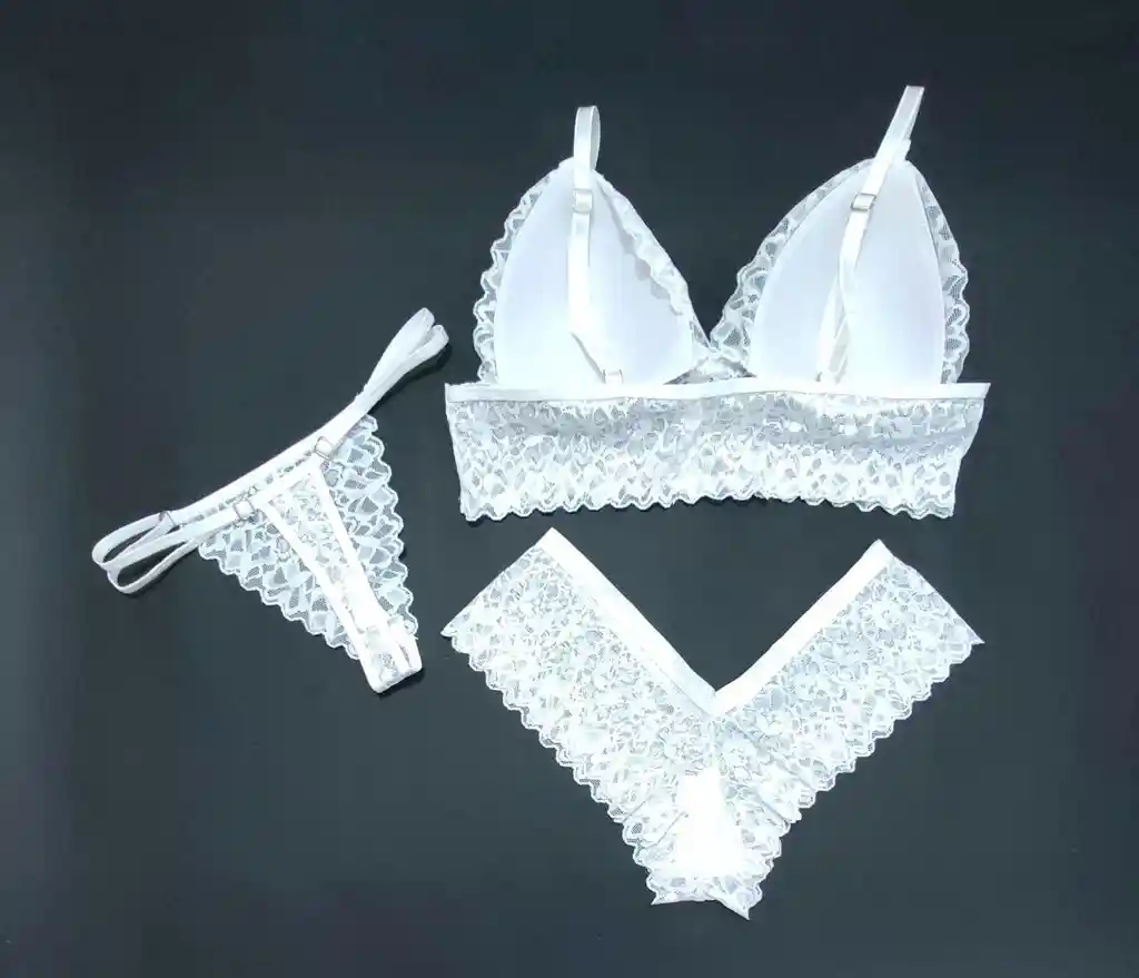 Conjunto Lenceria En Encaje Sexy Brassier Tanga Cachetero M Blanco