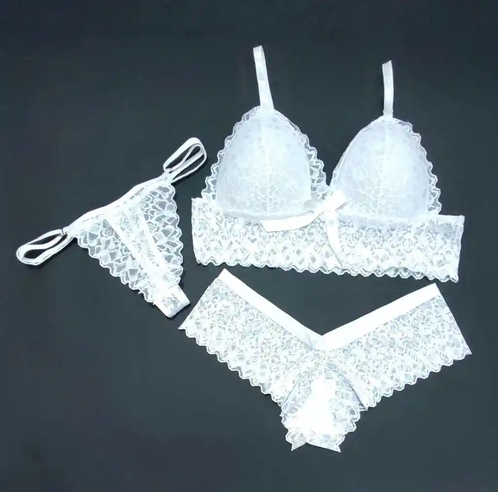 Conjunto Lenceria En Encaje Sexy Brassier Tanga Cachetero M Blanco