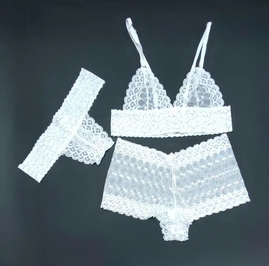 Conjunto En Encaje Brassier Tanga Cachetero Blanco L