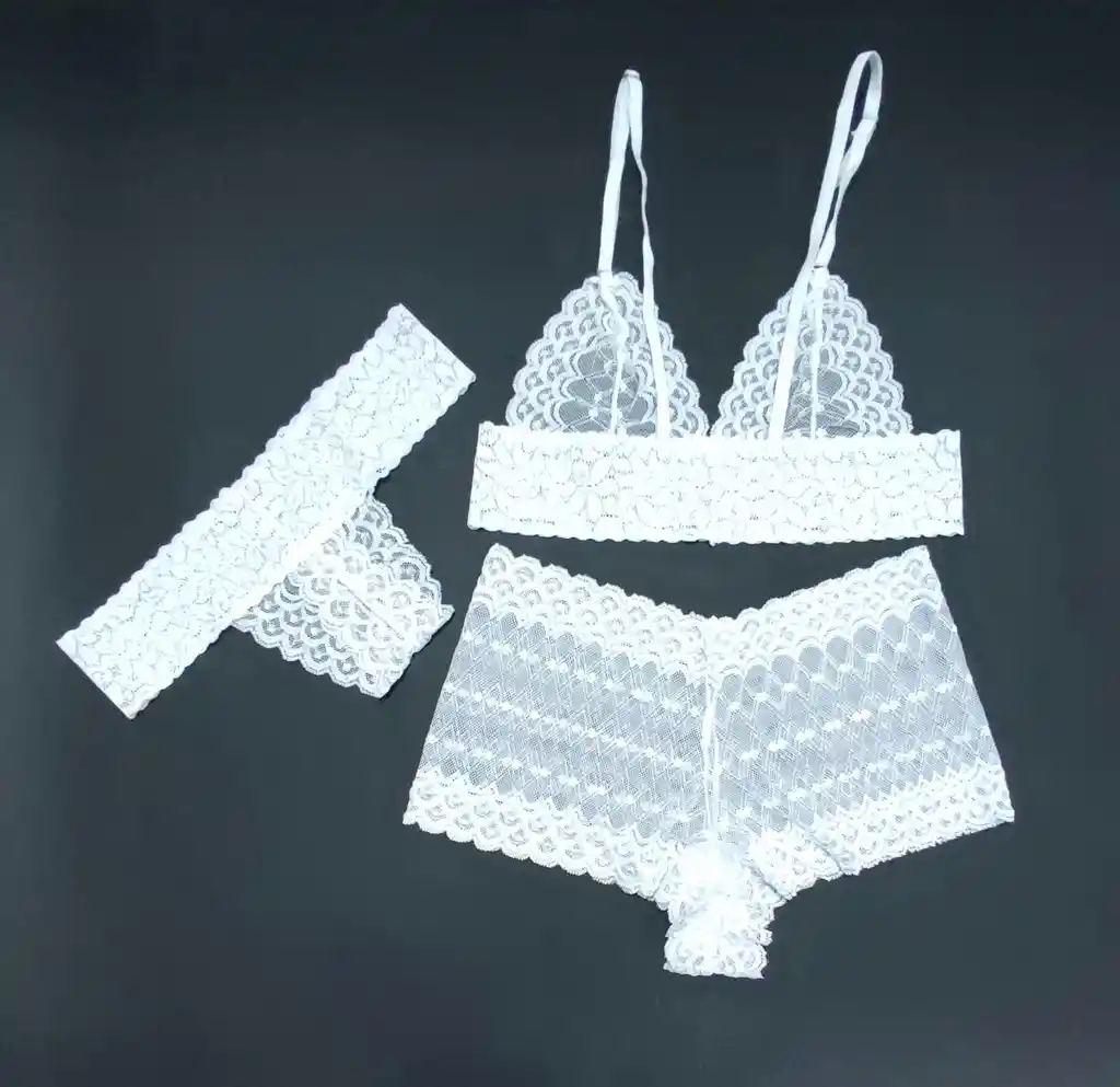 Conjunto En Encaje Brassier Tanga Cachetero Blanco L
