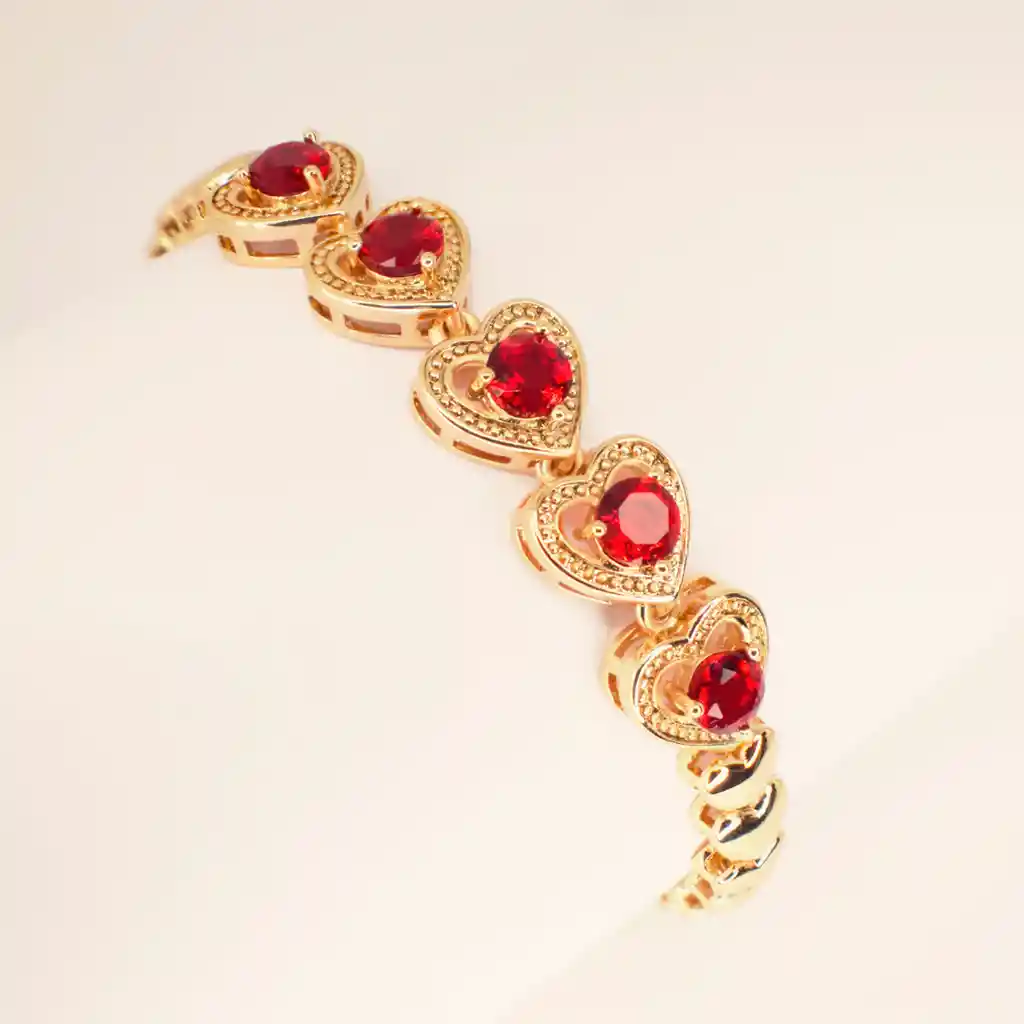 San Valentin Pulsera Diseño Corazones Rojos - Baño 18k