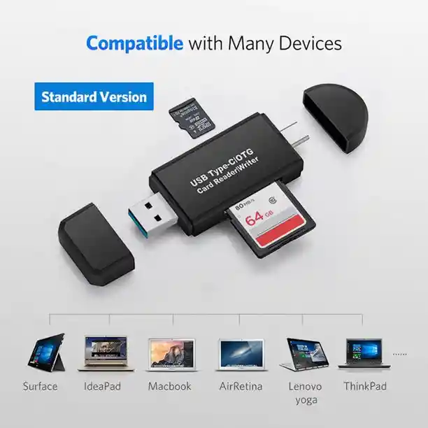 Lector De Memoria Sd 3 En 1 Micro Usb Tipo C Otg V8 Adaptador Tarjetas