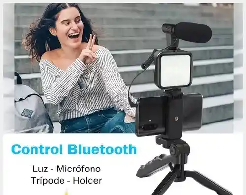 Kit Para Fotografia Microfono Tripode Luz Control Bluetooth