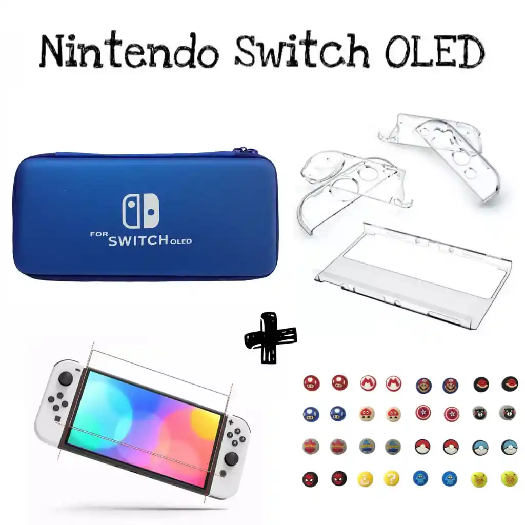 Estuche Rigido + Vidrio Templado + 2 Grips + Acrilico Protector Para Nintendo Switch Oled