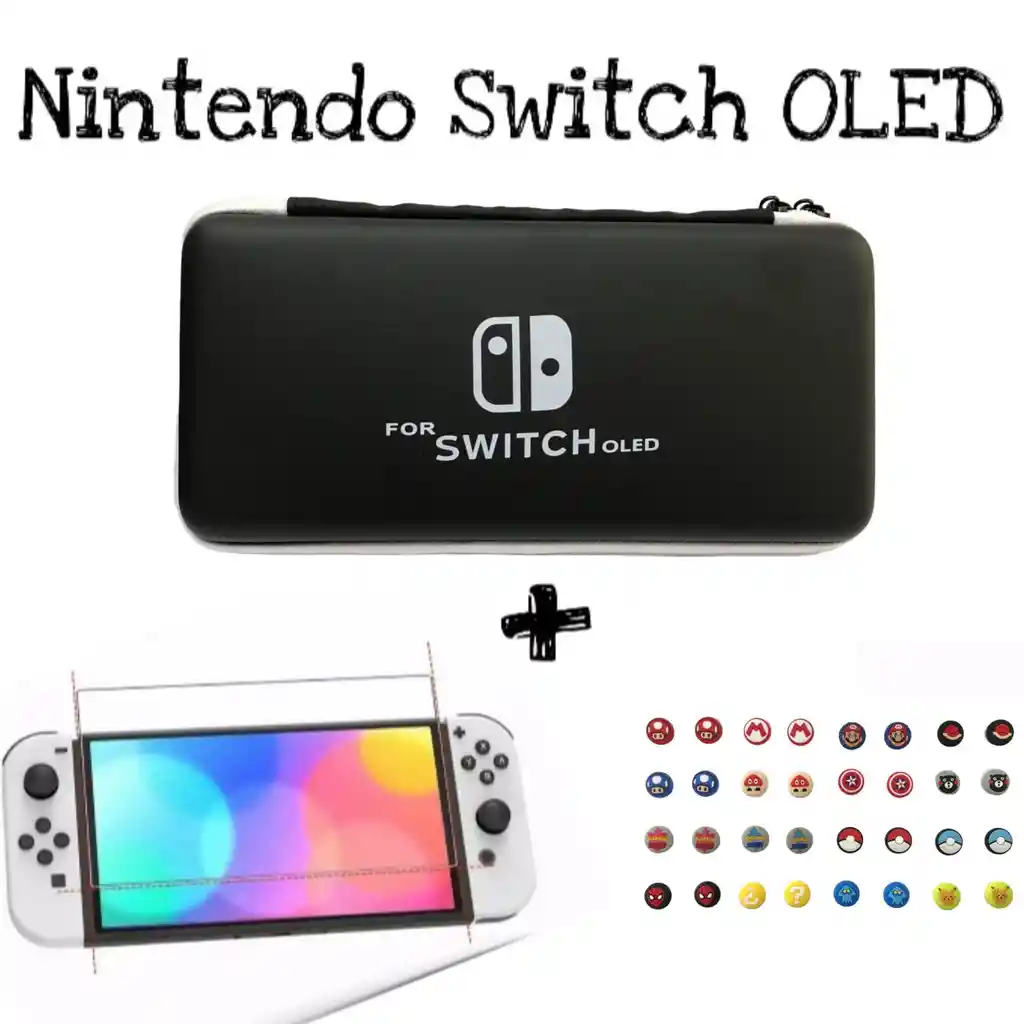 Estuche Rigido + Vidrio Templado + 2 Grips Para Nintendo Switch Oled