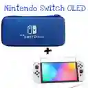 Estuche Rigido Azul + Vidrio Para Nintedno Switch Oled