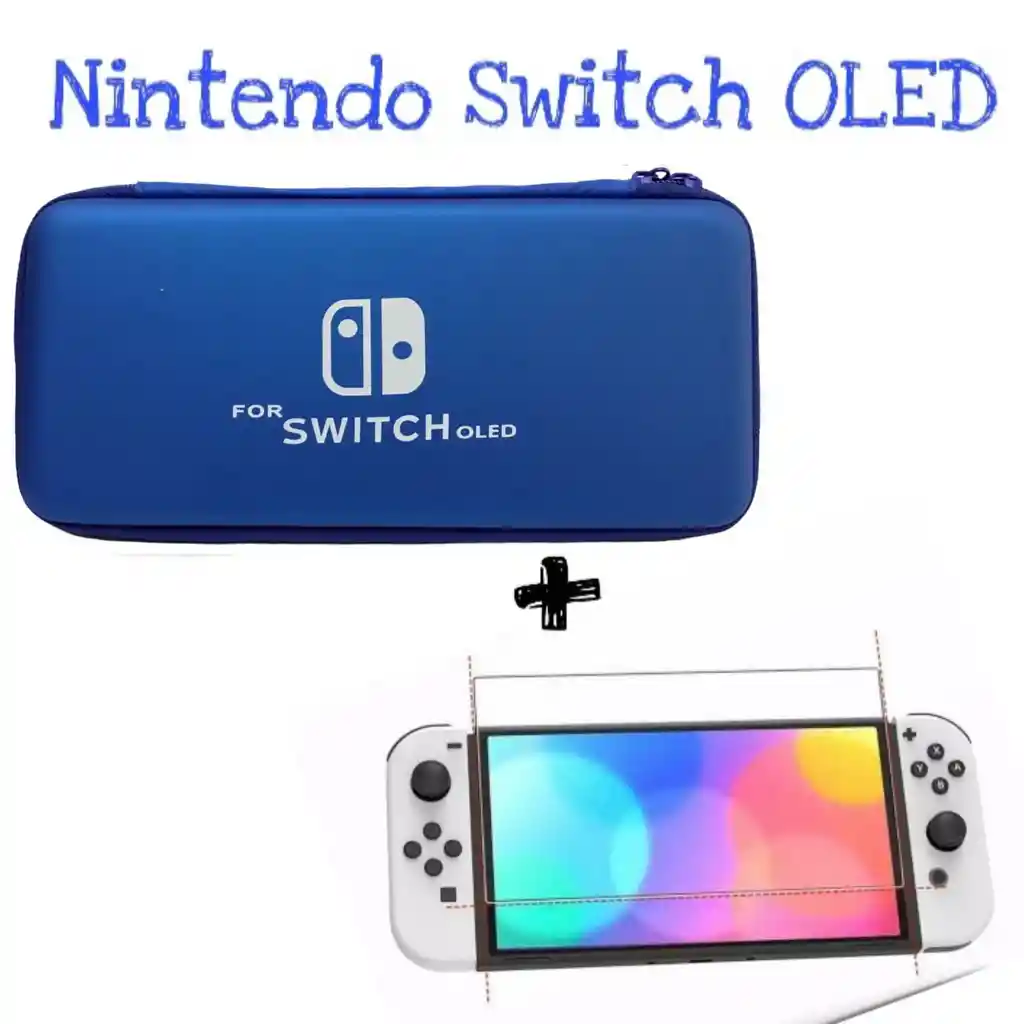 Estuche Rigido Azul + Vidrio Para Nintedno Switch Oled