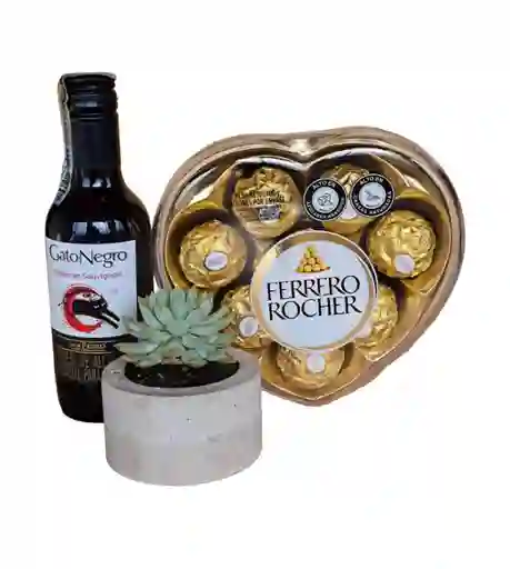 Combo Suculenta Concreto + Vino Gato Negro De 187,5ml + Ferrero Rocher Corazón X8