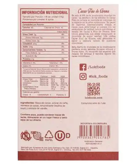 Barra De Chocolate Lok 60% Cacao 85g Chocolatina