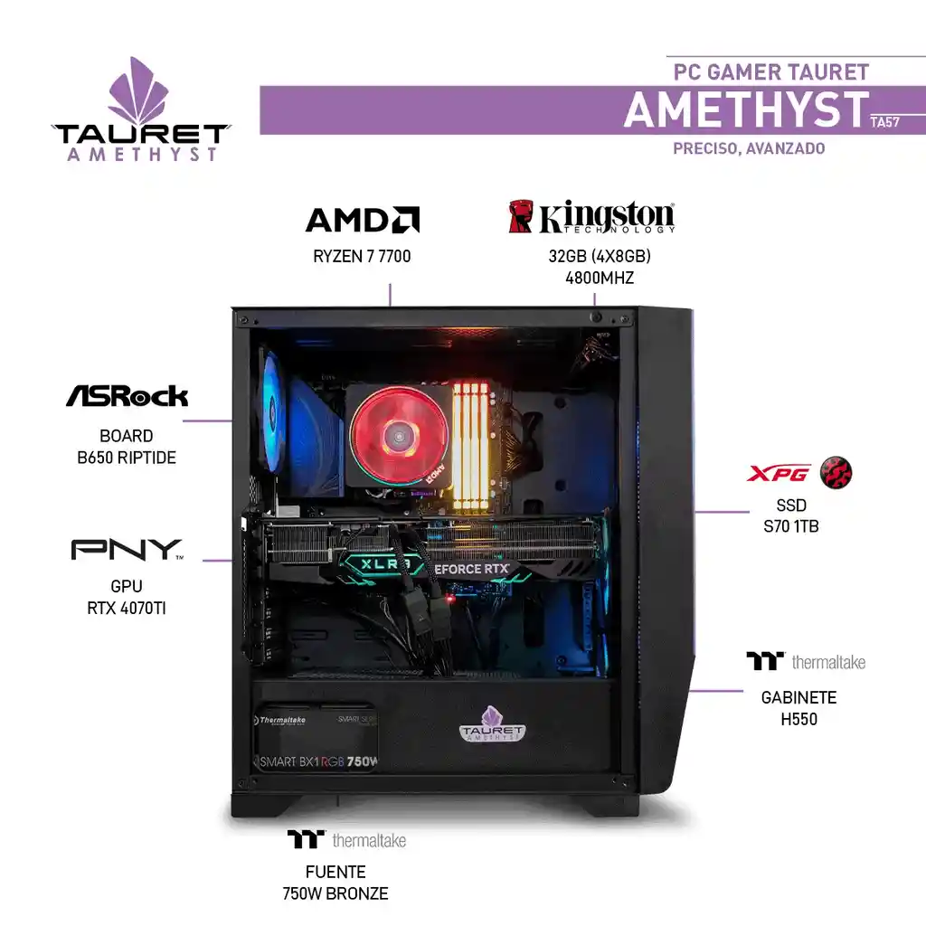 Pc Gamer Tauret Amethyst Ta57 Amd Ryzen 7 7700 Rtx 4070 Ti 12gb Ram 32gb Ddr5 M.2 1tb