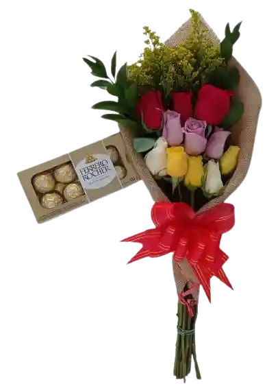 Arreglo Floral, 12 Rosas Surtidas Y Chocolates Ferrero X 8 Unidades