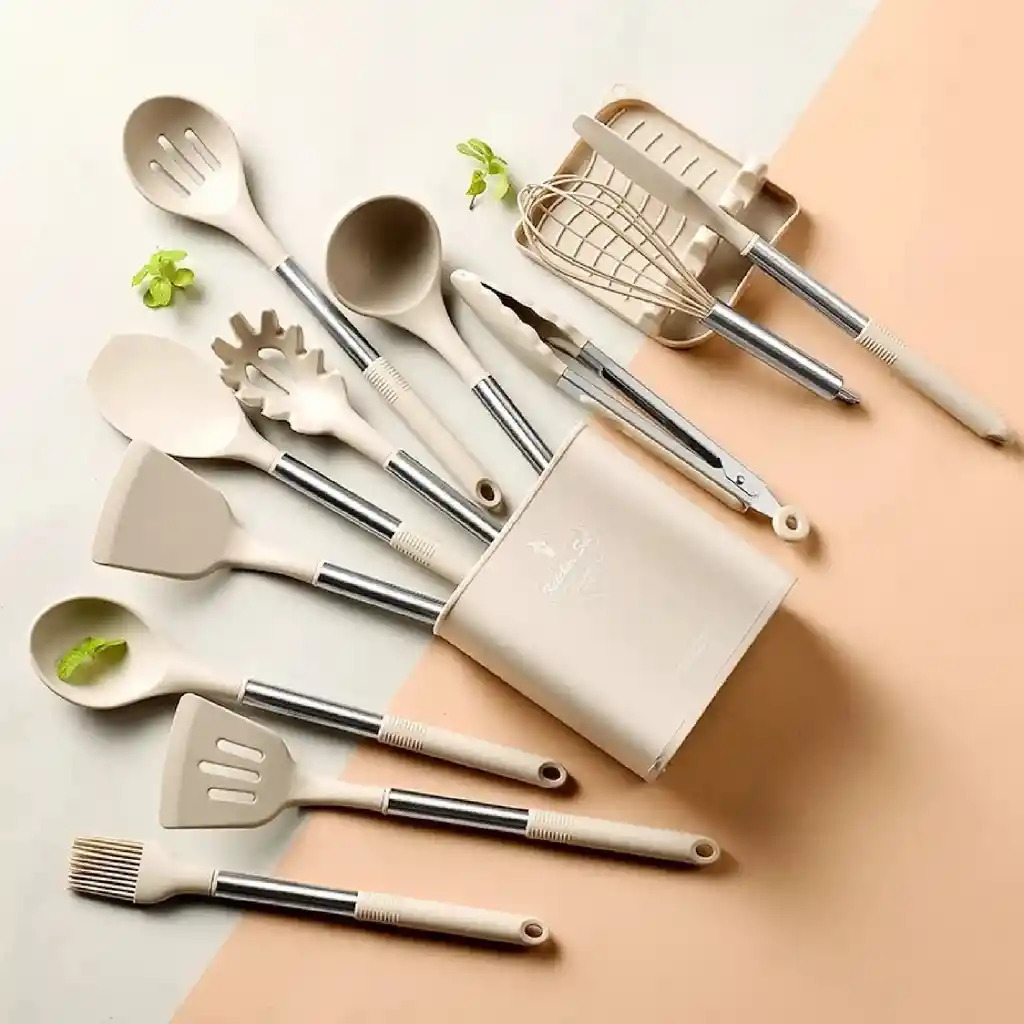 Set 13 Utensilios Cocina Silicona Resistente Calor Metalico