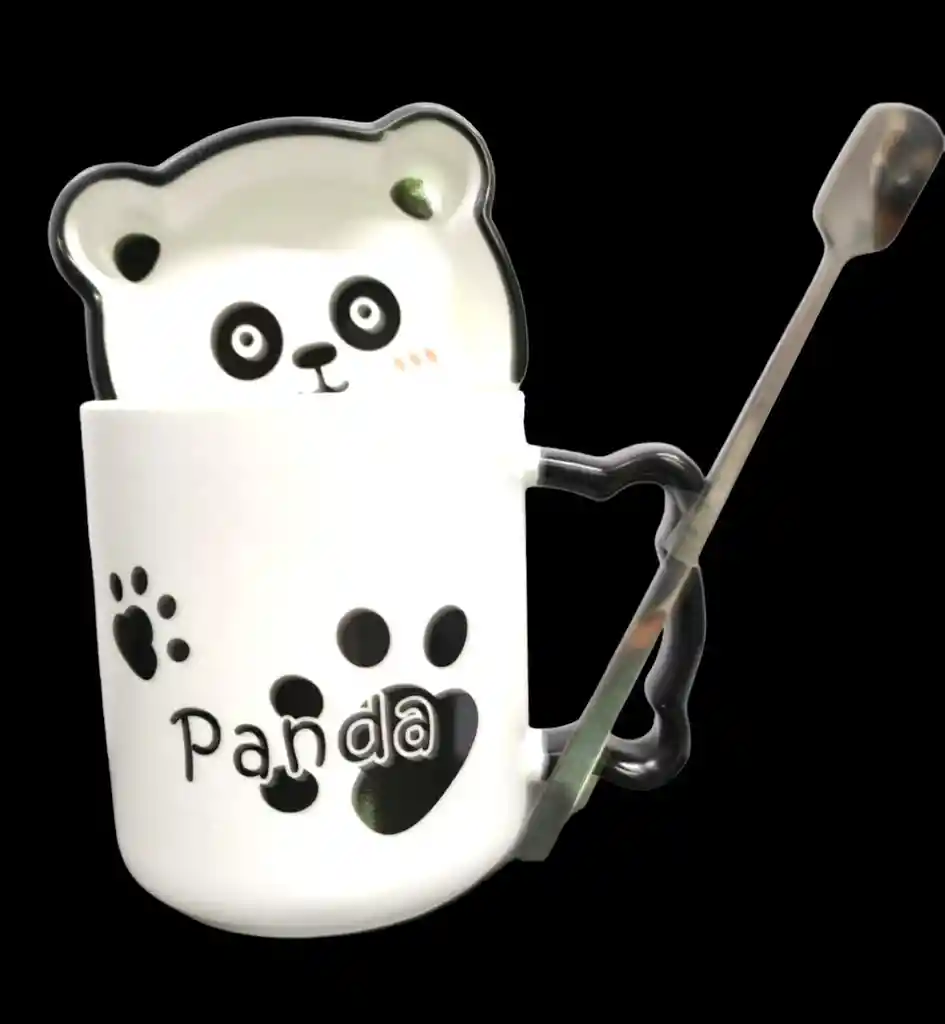 Mug Ceramico Panda Tapa Y Cuchara