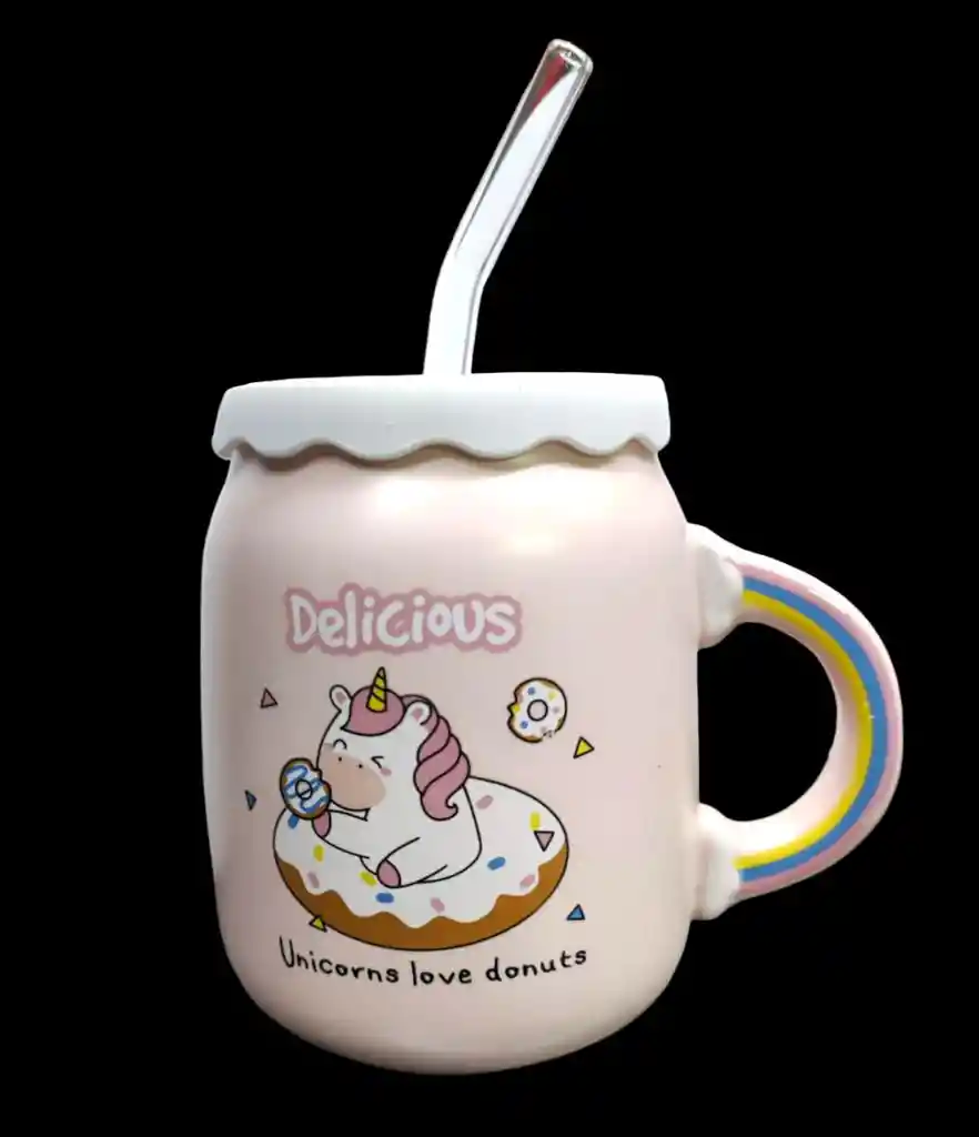 Mug Ceramico Unicornio Ice Cream Con Tapa Y Pitillo.