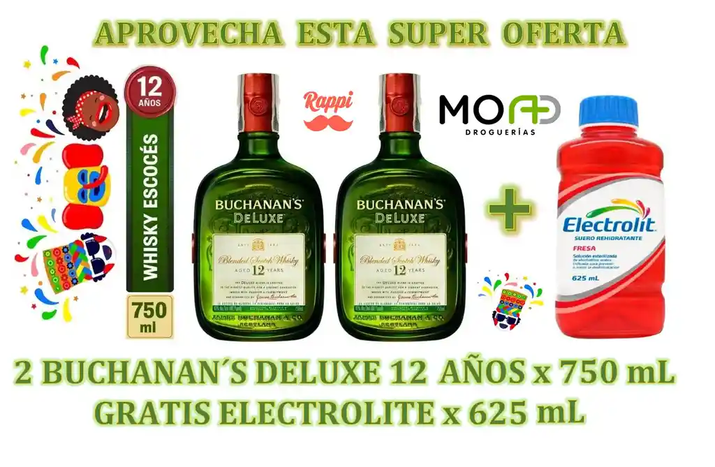  Whisky Buchanans Deluxe 12 Anos Promo 2 Botellas X 750 Ml Gratis Electrolit X 625 Ml 