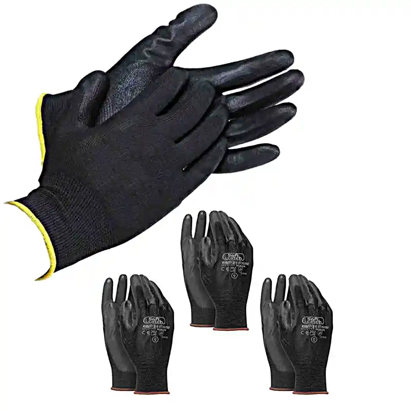 Guantes Negros Poliuretano X12 Pares Mecánico Seguridad Moto Talla 8