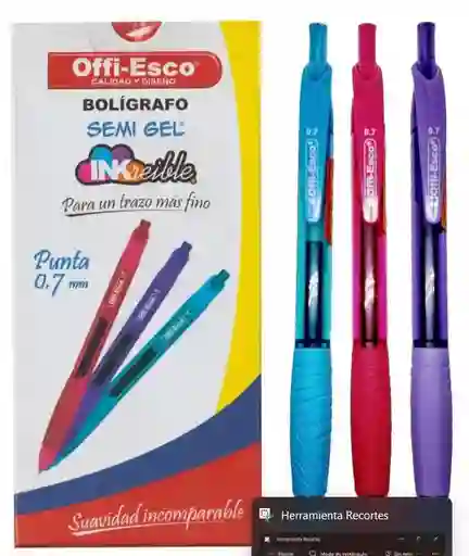 Caja Esfero Offiesco Punta Fina 0.7 Semi Gel Retractil X12 Colores Surtidos