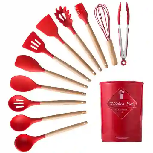 Set De Utensilios De Cocina En Silicona Madera Por 12 Piezas Rojo