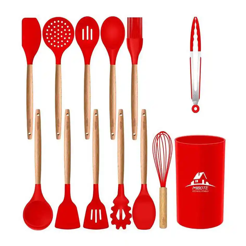 Set De Utensilios De Cocina En Silicona Madera Por 12 Piezas Rojo