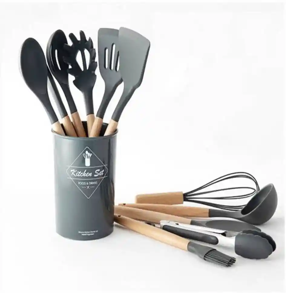 Set De Utensilios De Cocina En Silicona Madera Por 12 Piezas Gris