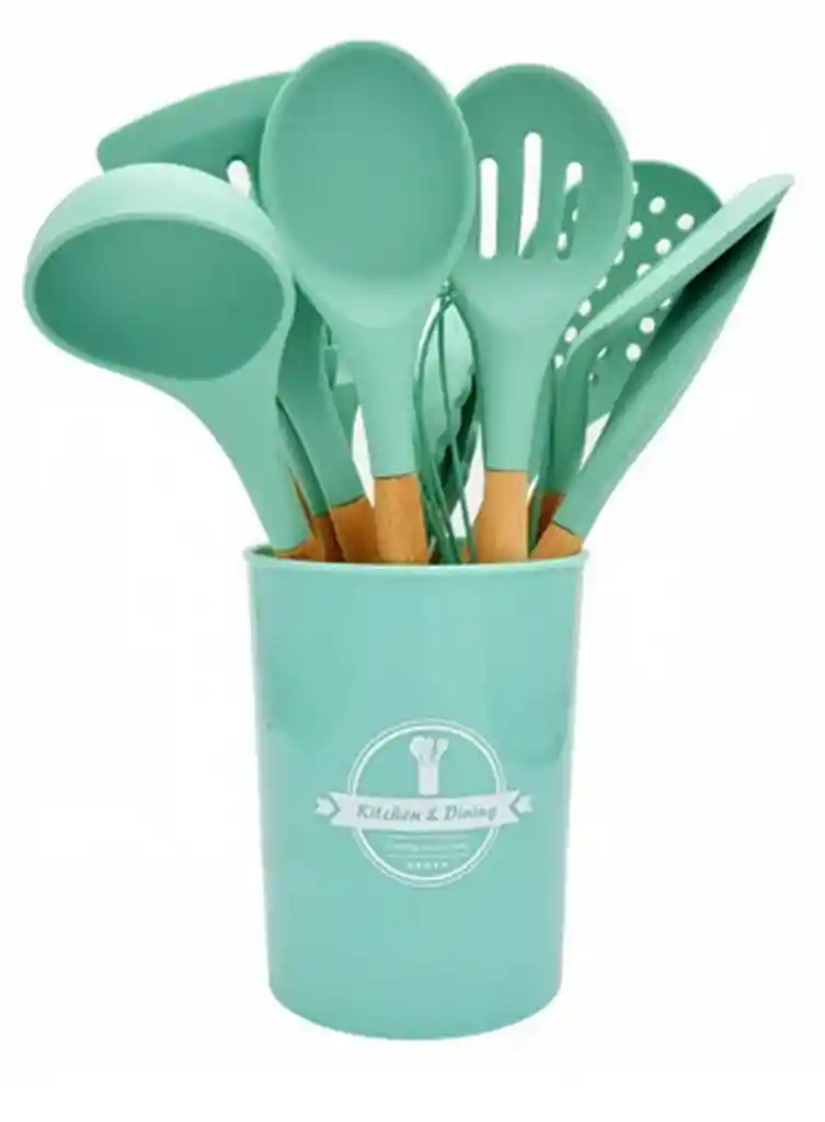 Set De Utensilios De Cocina En Silicona Madera Por 12 Piezas Verde