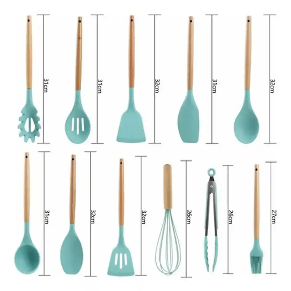 Set De Utensilios De Cocina En Silicona Madera Por 12 Piezas Verde