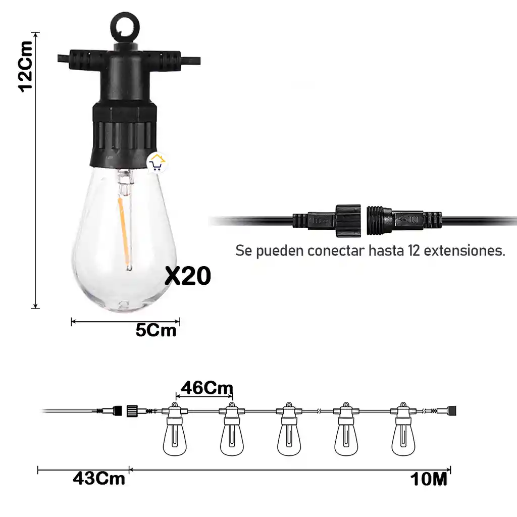 Extensión Bombillos X20 Led Panel Solar Luces Vintage Decoración Y14
