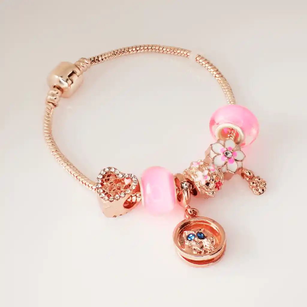 Pulsera Rosa Con Charms Buho - Acero