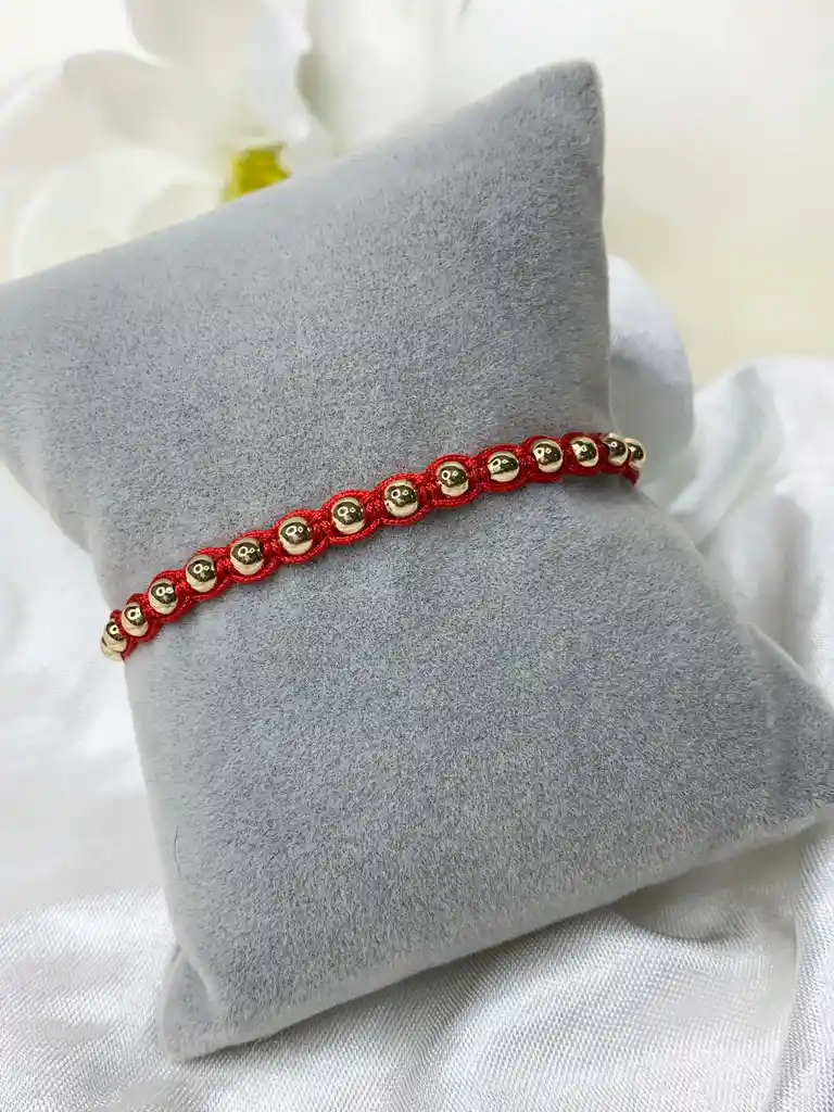 Pulsera Tejida Roja Bolitas Oro Laminado