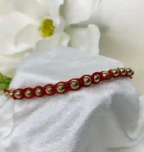 Pulsera Tejida Roja Bolitas Oro Laminado