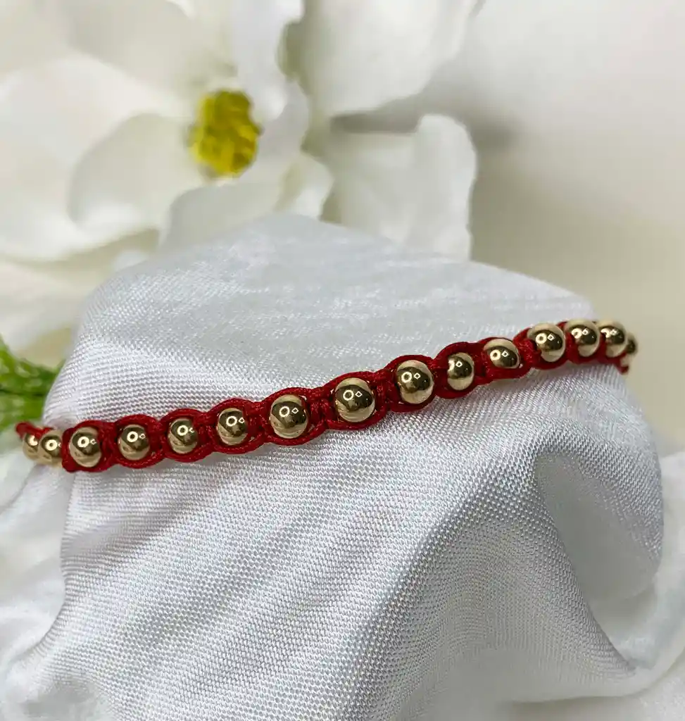 Pulsera Tejida Roja Bolitas Oro Laminado